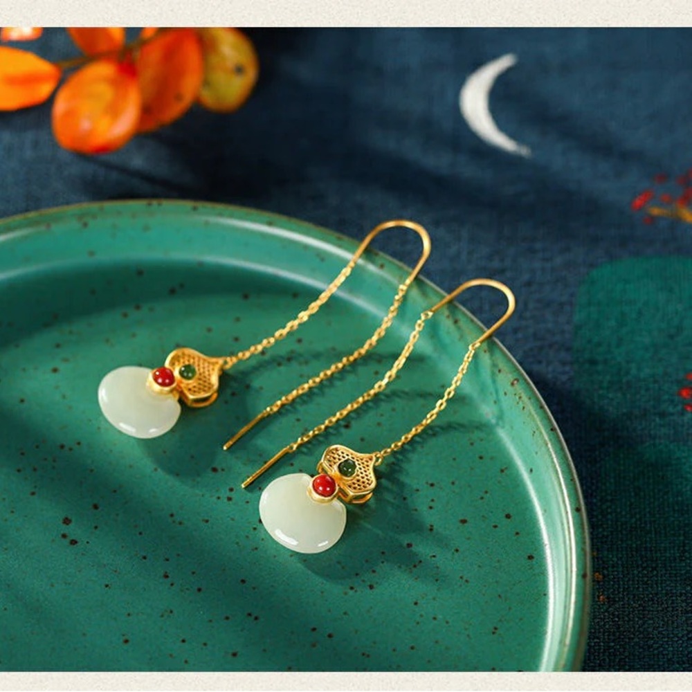 Sterling Silver Jade Drop Threader Earrings with Red Accent